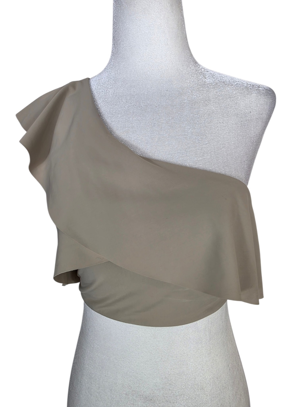 Wilfred One-Shoulder Ruffle Crop Top — Taupe